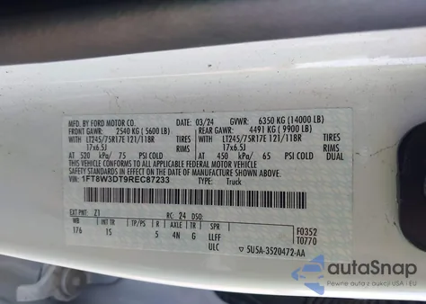 2024 Ford F350 из США, поврежденный, VIN 1FT8W3DT9REC87233